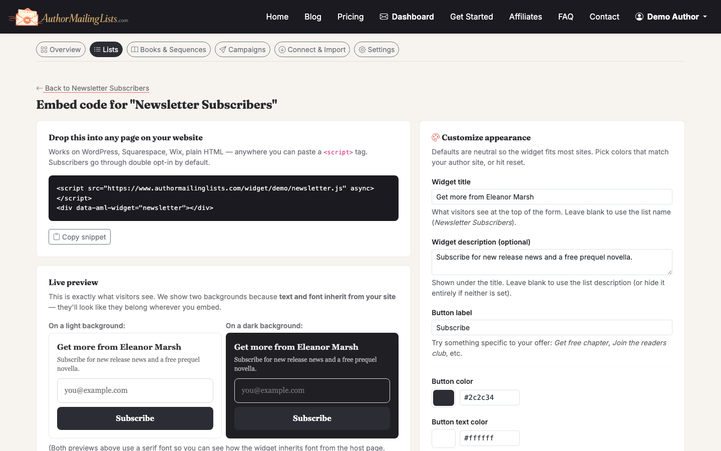 The email designer with a simple author-style layout