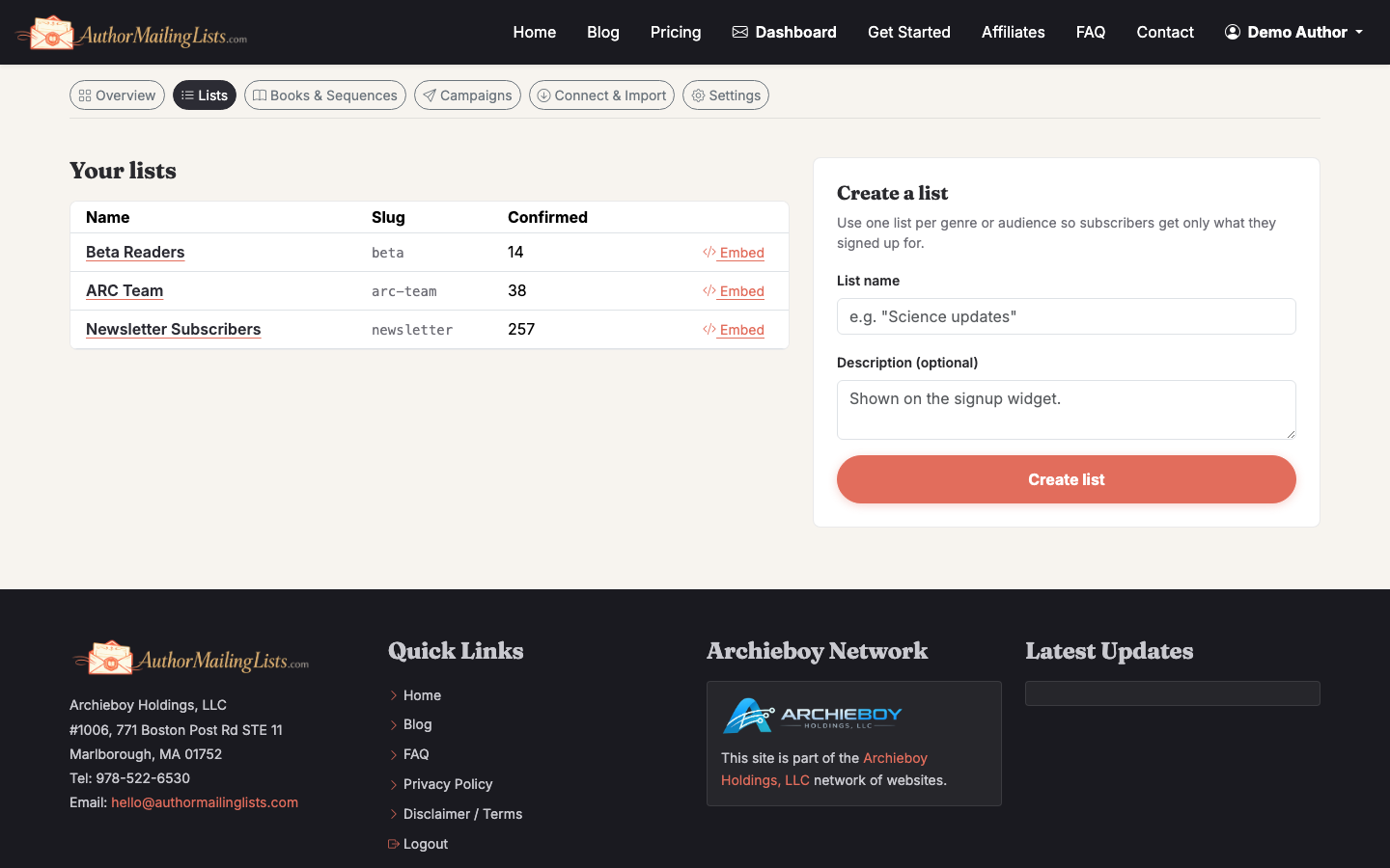 The Lists tab where you choose which subscribers receive the campaign