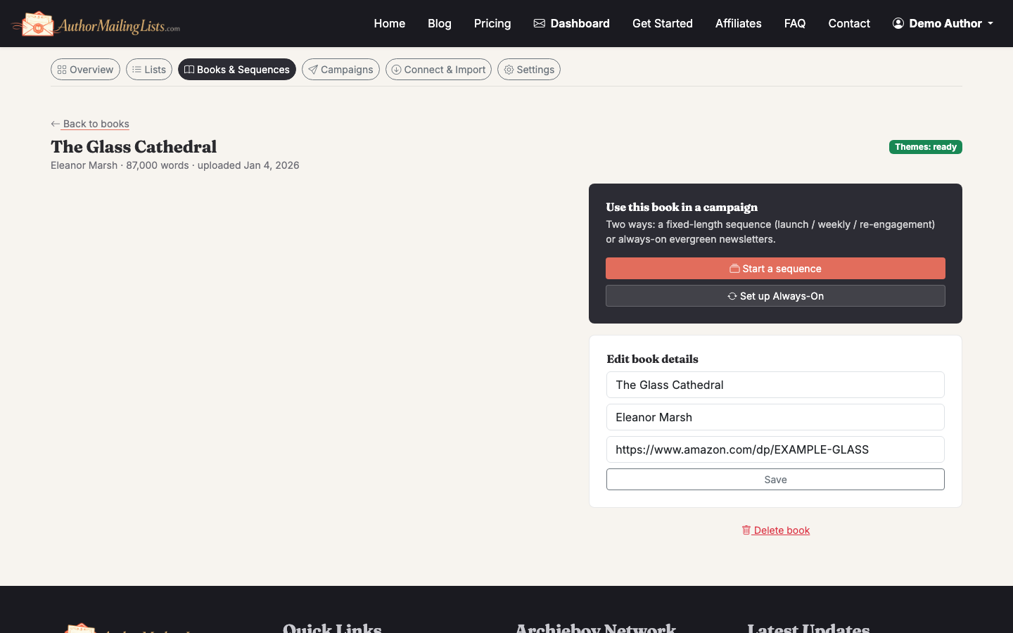 Adding a book to the catalog with title, genre, and theme fields