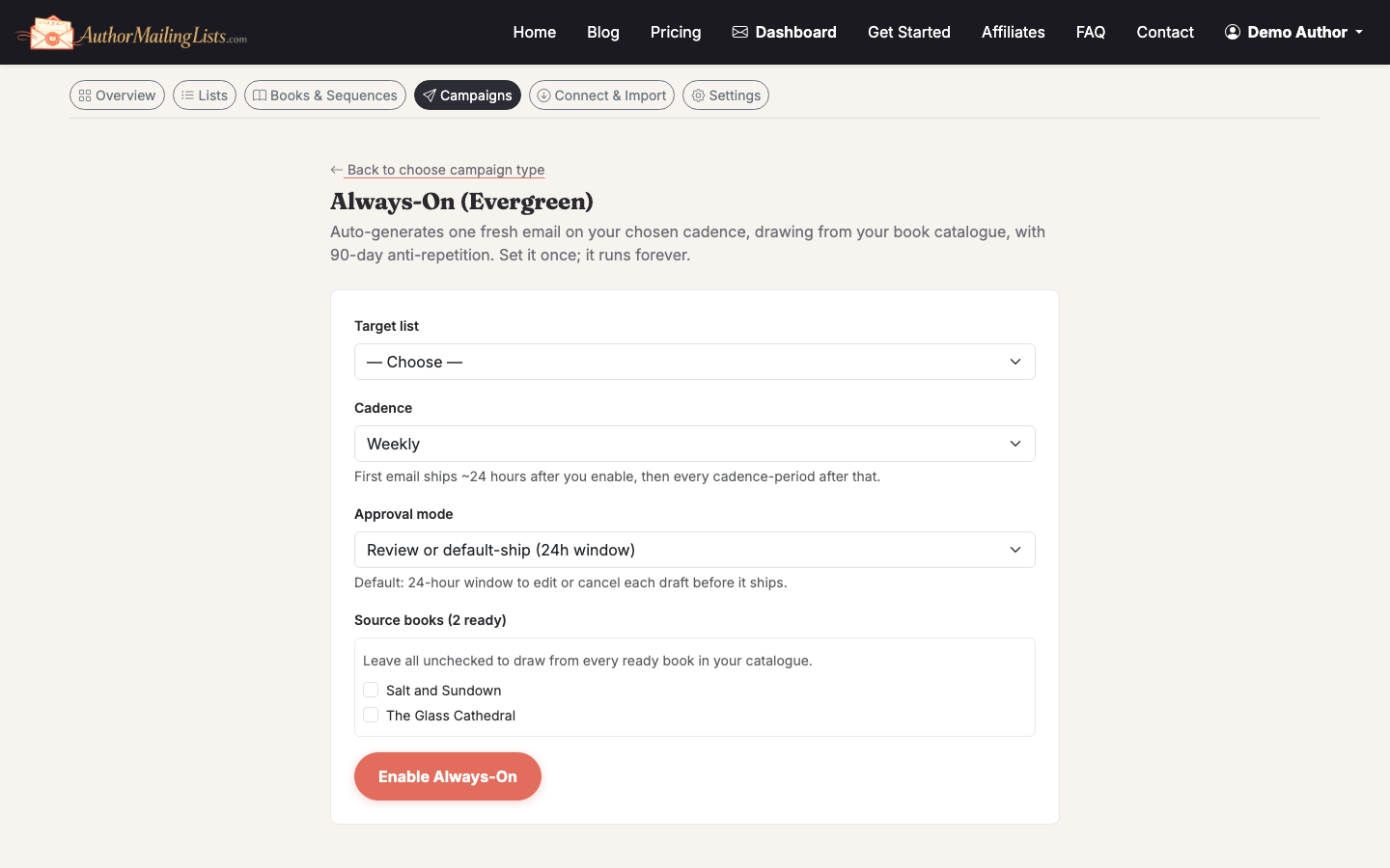 Always-On newsletter settings panel with enable toggle