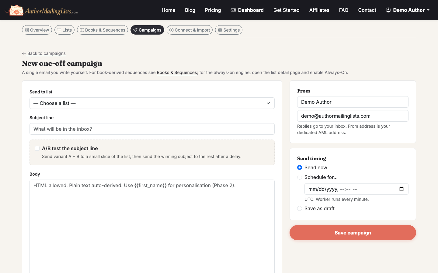 Campaign composer with subject line and email body editor