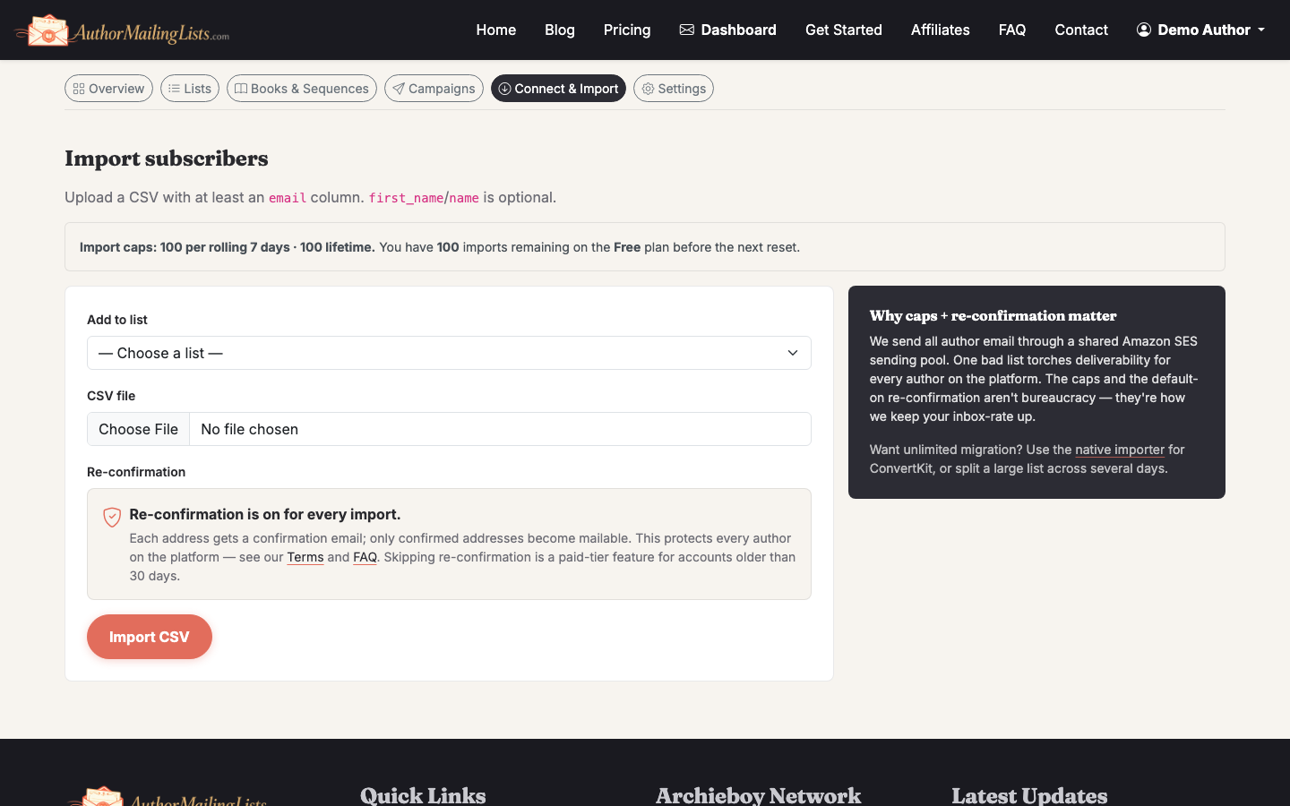 CSV import screen with column mapping interface