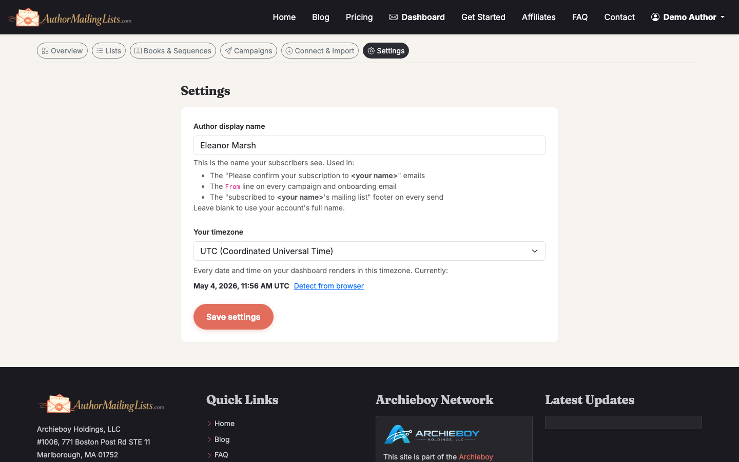 Sender identity and DNS records live on the Settings page